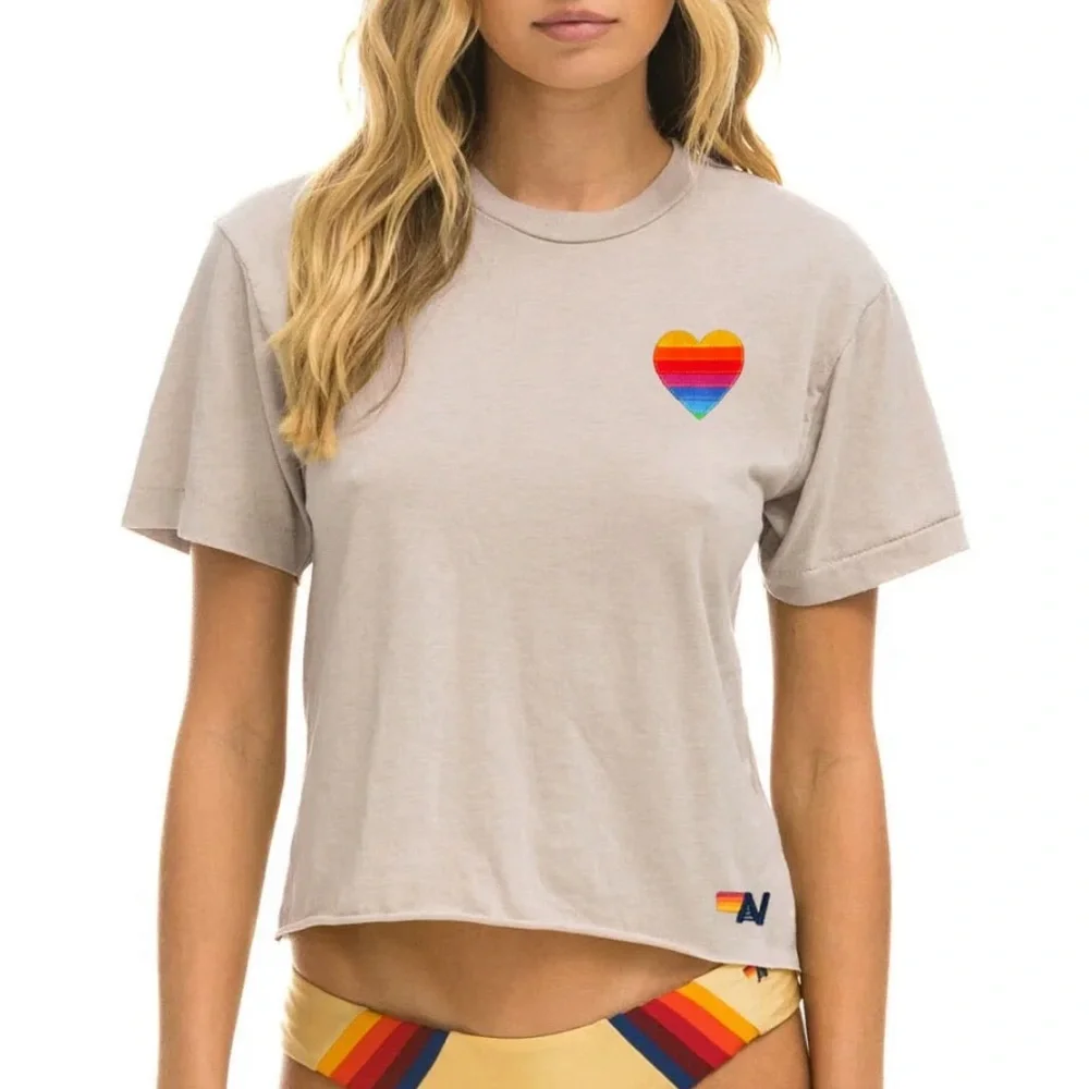 Aviator Nation Beige Tee with Rainbow Heart - Picture 1 of 4